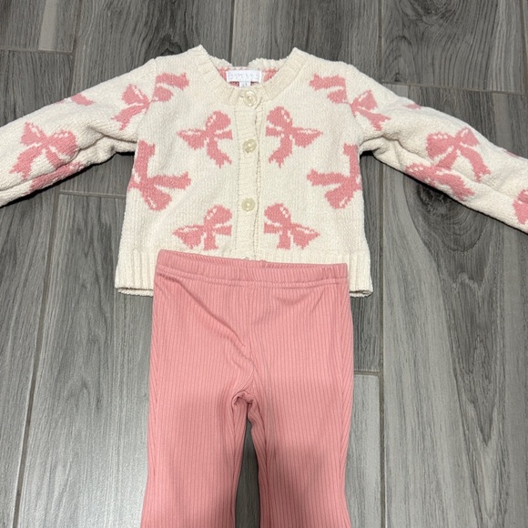 Other - Girl's Cream Cardigan with Pink Bows + Pink Ribbed Leggings